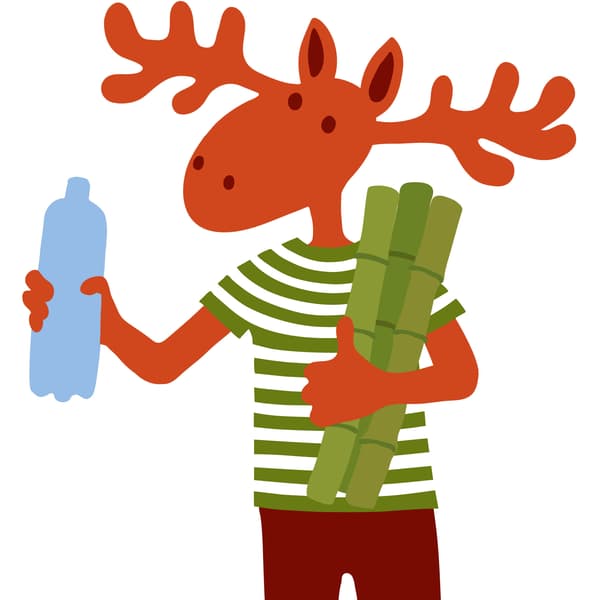 Petákkezében egy PET-palack és egy bambusz.