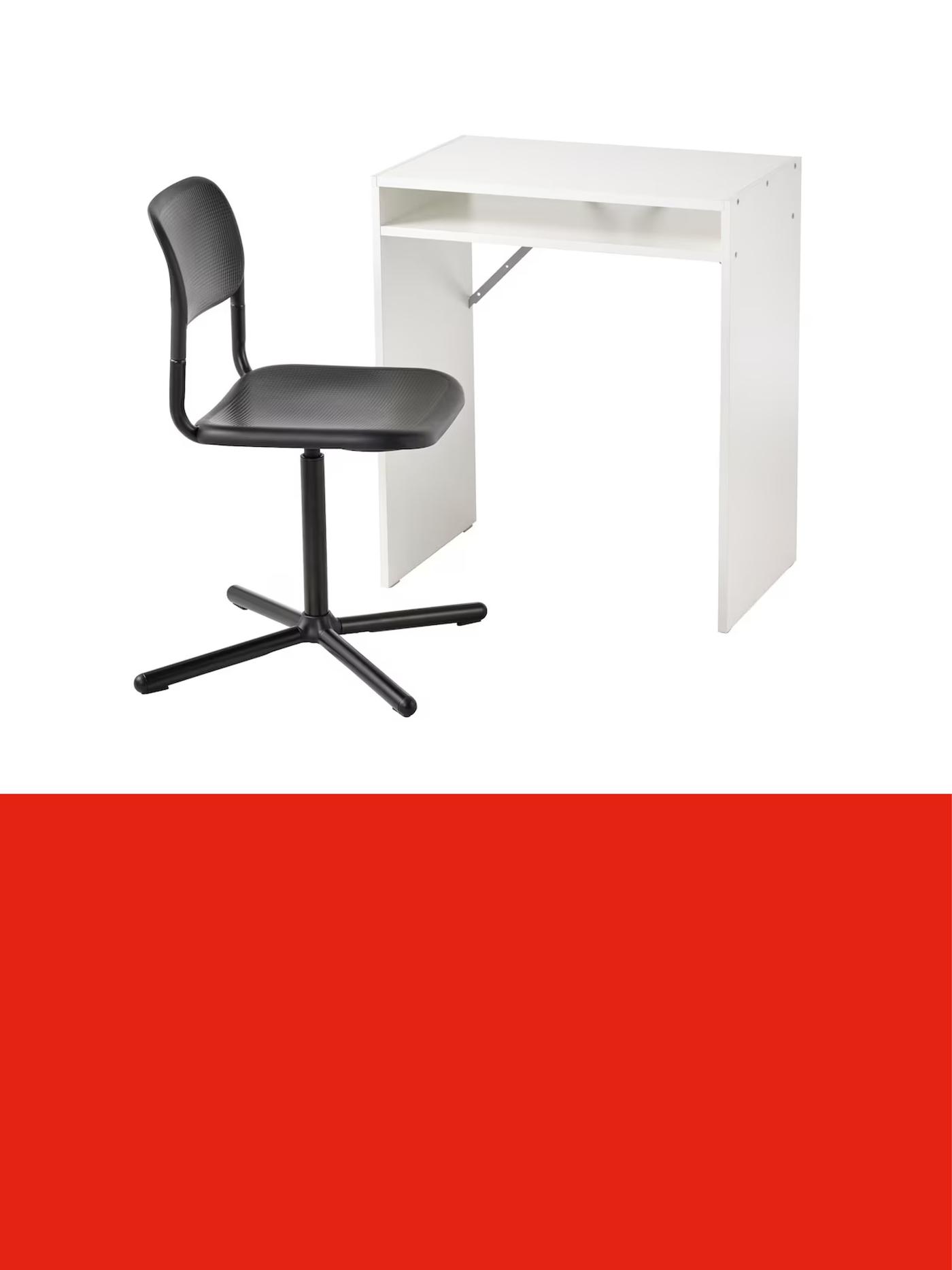 Petit bureau blanc accompagné d’une chaise pivotante noire, présenté sur un fond clair au-dessus d’une bannière promotionnelle rouge.