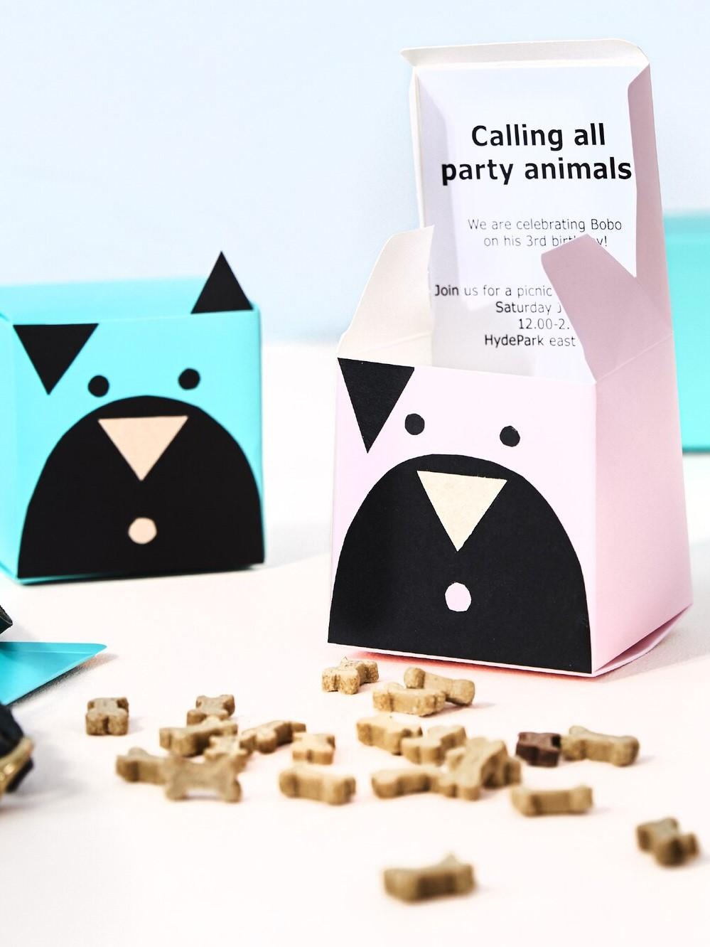 Petite boîte en papier décorée pour représenter un chien et remplie de biscuits pour chien.