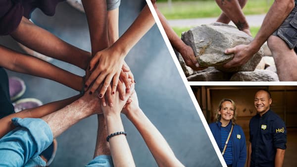 Photo collage people, hands and a rock