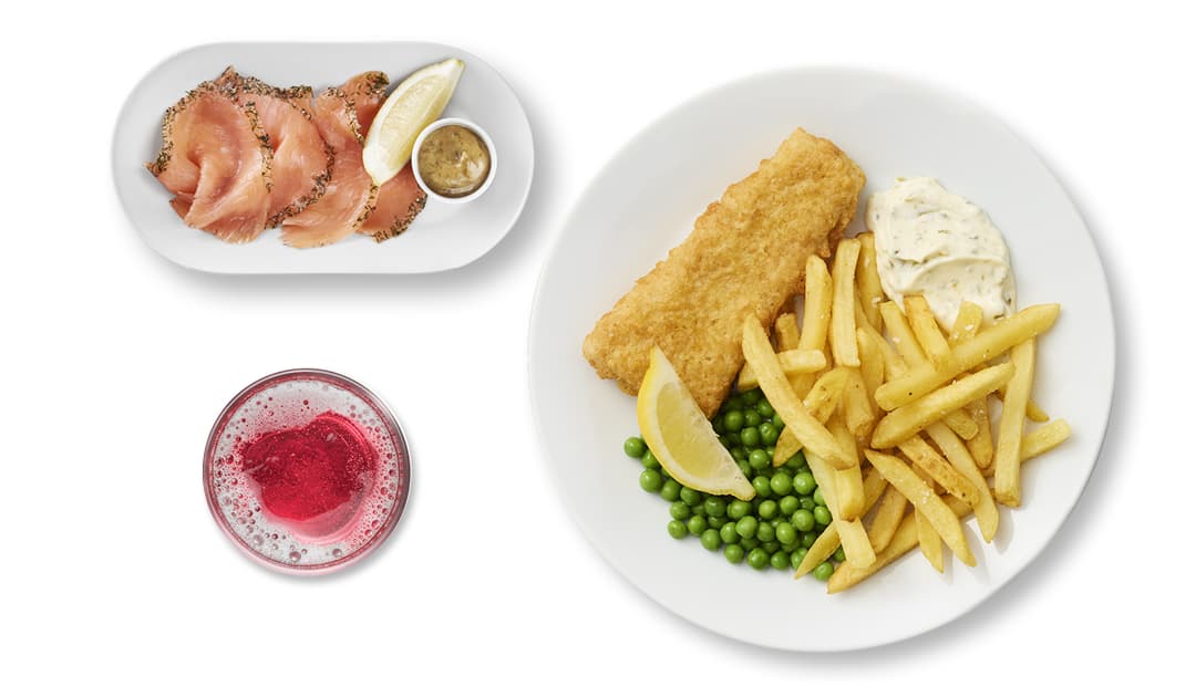 Photo du menu du lundi composé de gravlax, de fish & chips et d'une boisson.