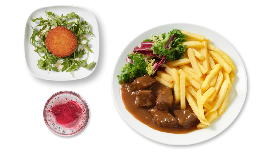 Photo du menu du mardi composé d'une croquette au fromage, de carbonnade flamande à la bière d'abbaye et d'une boisson.