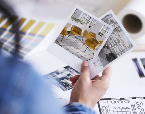 Photo of customer holding photos and documents for her planning session with IKEA coworkers