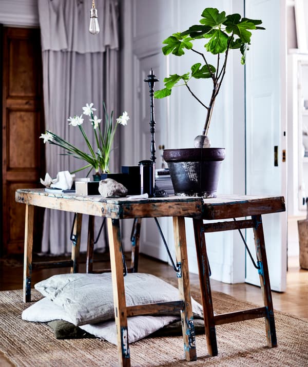 Piante in vaso e pietre su tavoli di legno rustici - IKEA