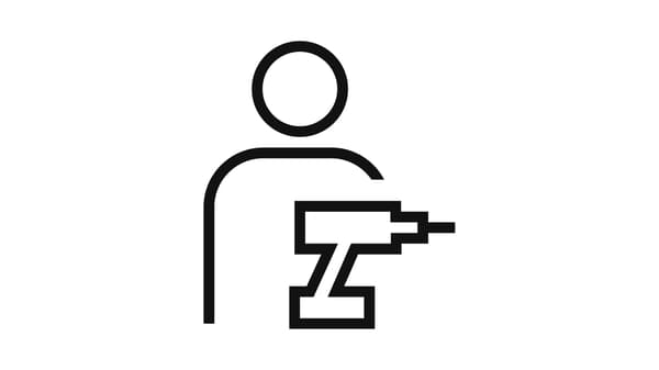 Pictogram of a person standing behind a power tool signifying assembly.