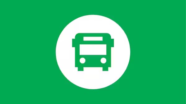 Pictograma unui autobuz alb pe un fundal verde, în interiorul unui cerc alb.