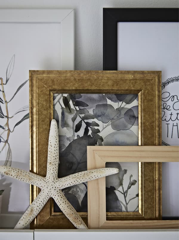 Picture frames and a starfish on a bathroom shelf.