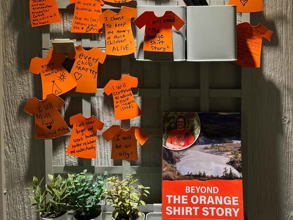 Pieces of orange paper in the shape of a t-shirt are placed on a wall display with writing on each one. 