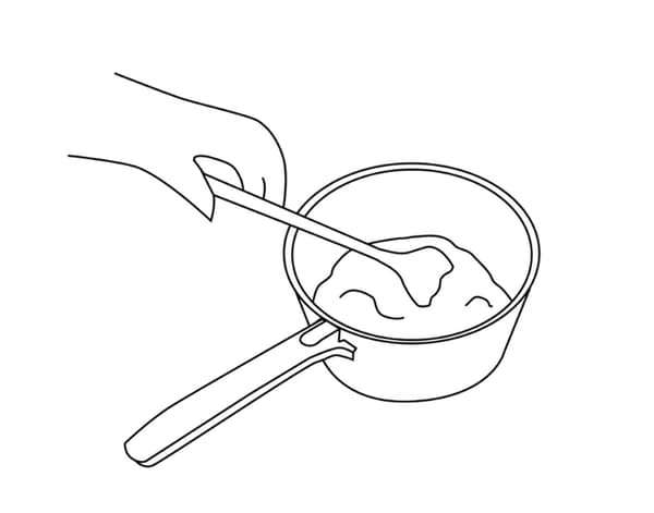 Piirroskuva kattilasta, jonka sisältöä käsi sekoittaa.