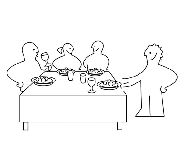 Piirroskuva ruokapöydästä, jonka ympärillä istuu ihmisiä syömässä.