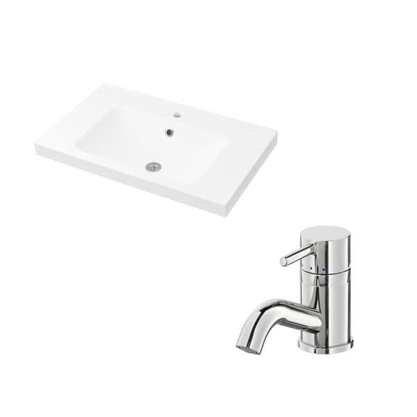 PILKÅN Wash sink mixer tap with chrome-plated strainer and ODENSVIK single wash sink.