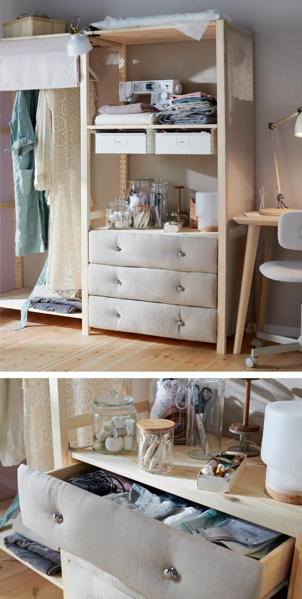 Pimp a classic chest of drawers in solid wood with fabric for a cosier look. Try IKEA IVAR 3-drawer chest in natural pine!