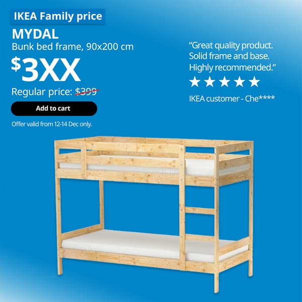 Pine bunk bed frame for children, MYDAL, $319. Offer valid from 12-14 Dec 2025. IKEA 12.12 SALE