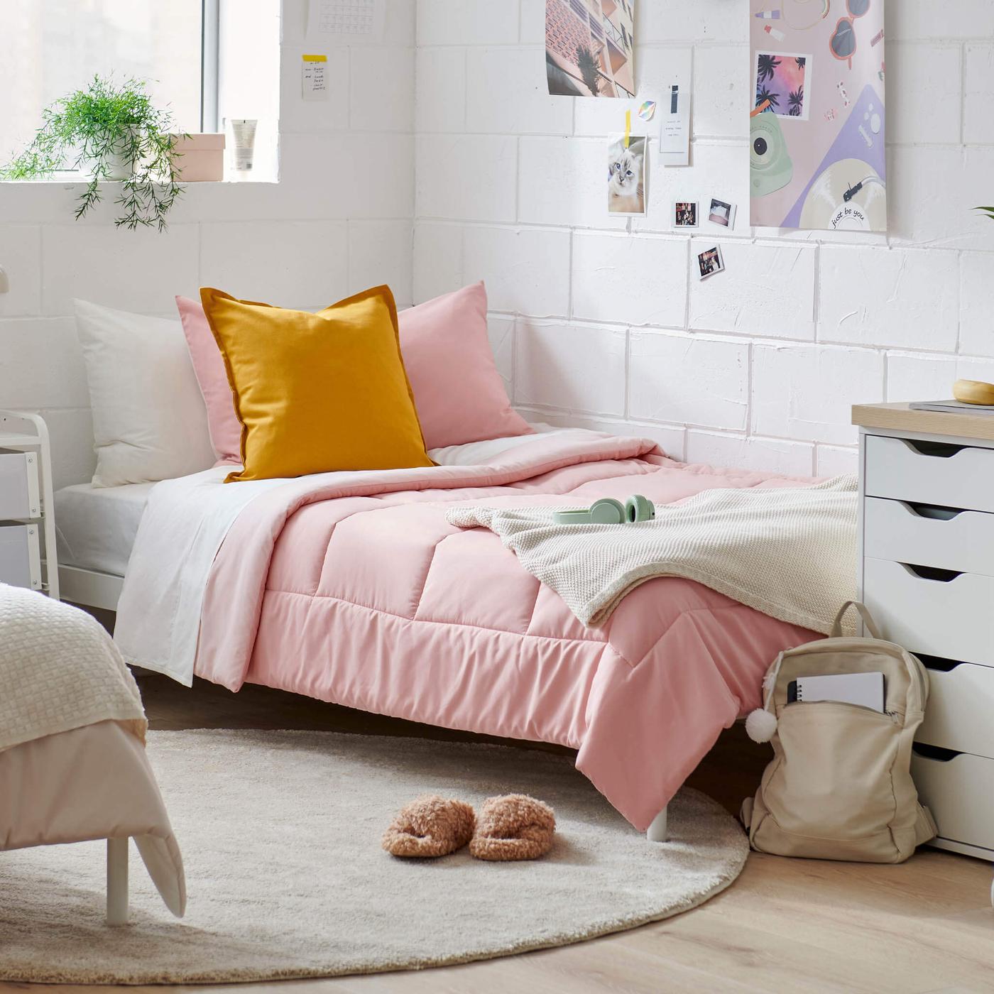 Pink comforter set.