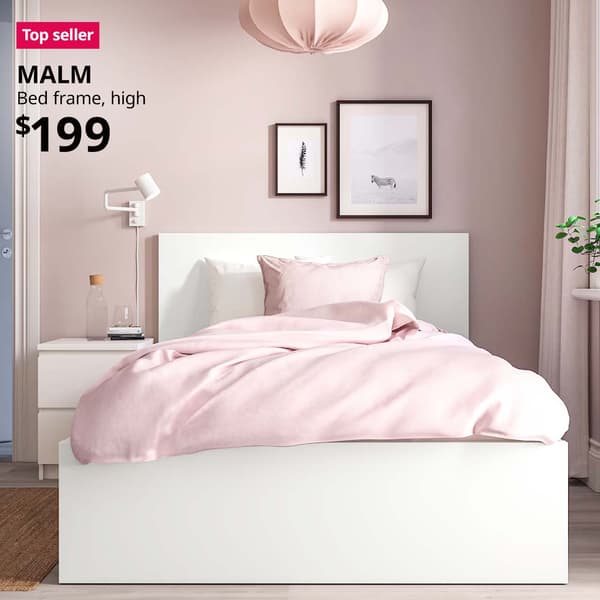 Pink DVALA bed sheet in a bedroom with pink walls setting. A white MALM bed frame is in the bedroom. Top seller tag. Price: $199