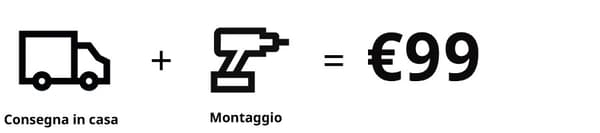 Pittogrammi di un furgone e un trapano che indicano il servizio di consegna e montaggio. Accanto il prezzo di 99 euro.