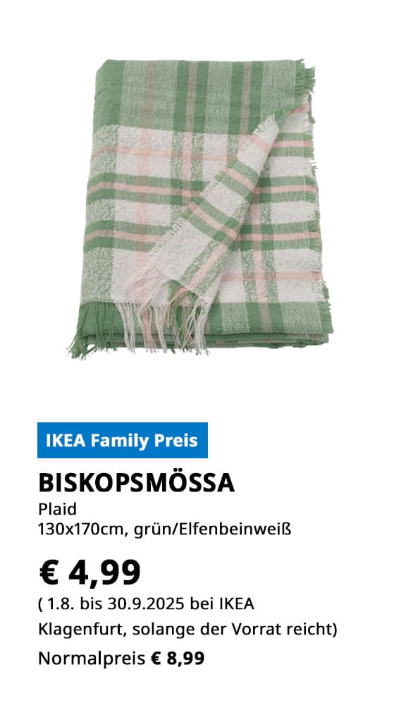 Plaid Biskopsmössa, 130x170 cm, grün elfenbeinweiß, statt € 8,99 zum IKEA Family Preis von  € 4,99.