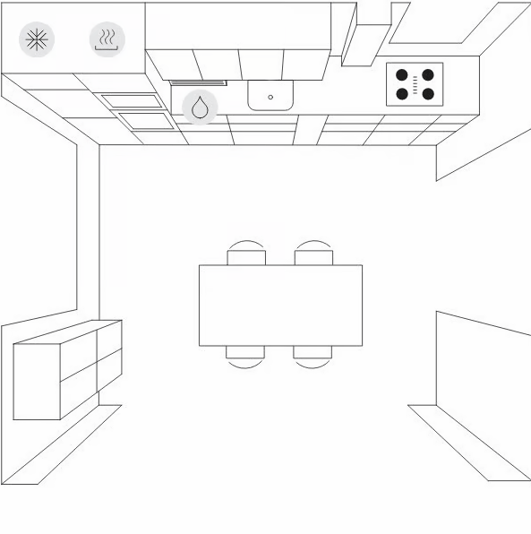 Plan de cuisine présentant une cuisine linéaire avec des électroménagers derrière une table de salle à manger