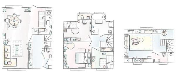 Plan dessiné à la main d’une maison de trois étages.