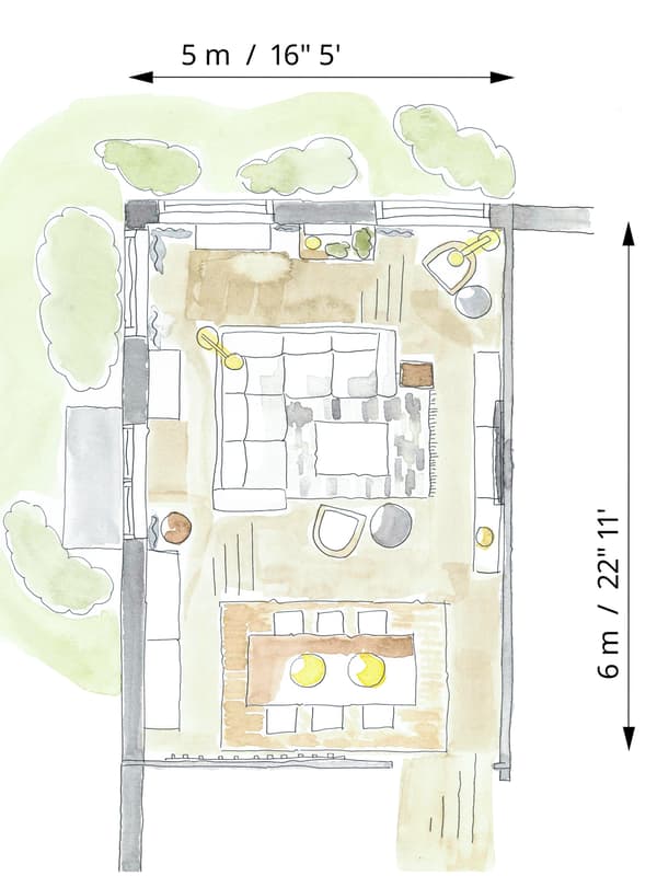 Plan illustrant la disposition des meubles et solutions de rangement pour l’aménagement d’un salon et d’une salle à manger dans la même pièce.
