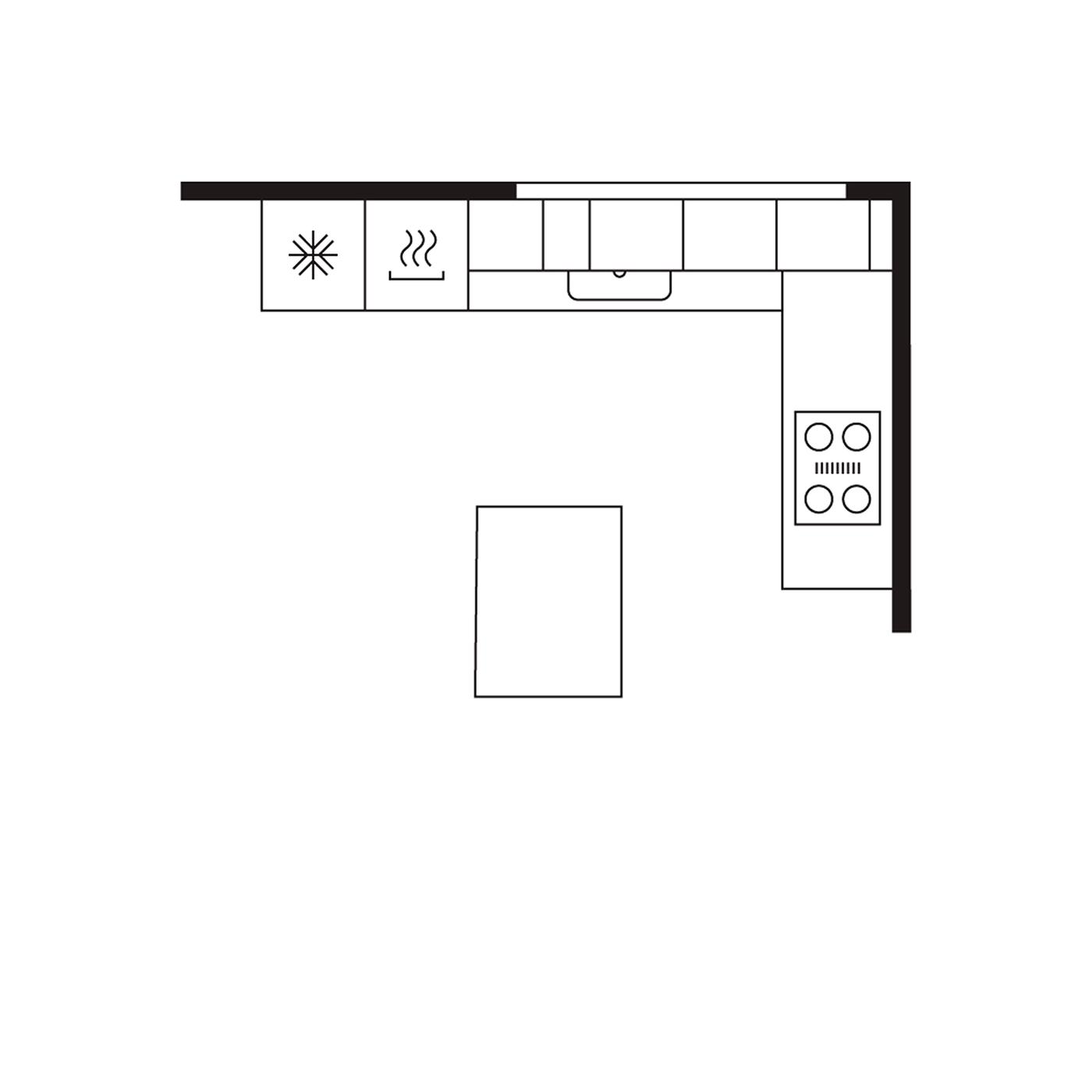 Plano de una cocina mediana en L de diseño abierto con una isla grande y una zona de comedor.