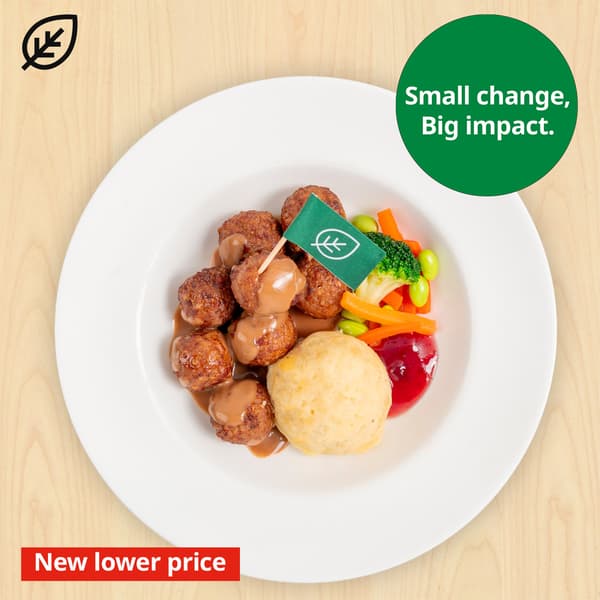 Plant balls with mashed potato and mixed vegetable
and a green flag with a leaf symbol on it. Plant food symbol at top left corner of thumbnail and sustainability message 