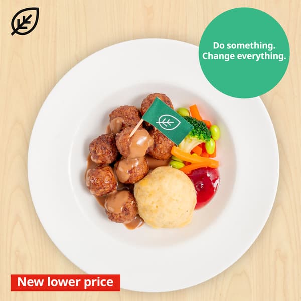 Plant balls with mashed potato and mixed vegetable and a green flag with a leaf symbol on it. Plant food symbol at the top left corner of the thumbnail and sustainability message 