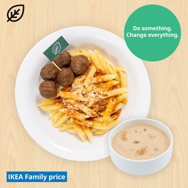 Plant balls with organic penne pasta & mushroom soup. Plant food symbol at the top left corner of the thumbnail and sustainability message 