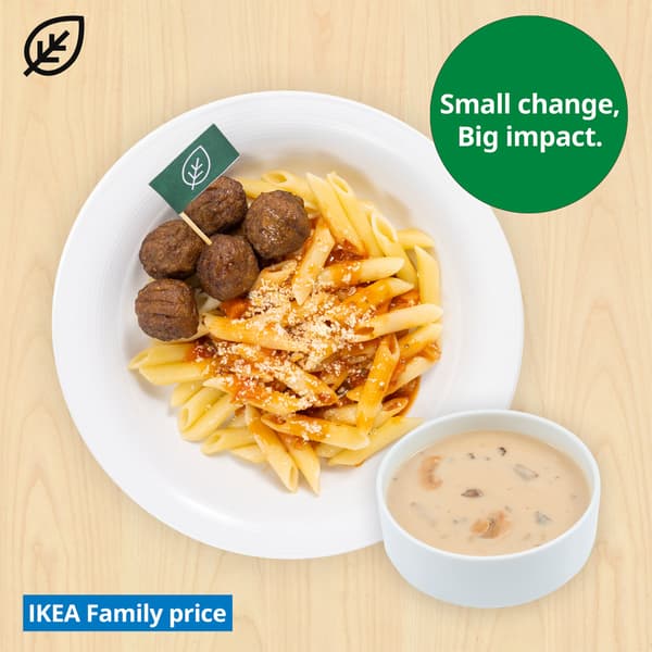 Plant balls with organic penne pasta & mushroom soup. Plant food symbol at top left corner of thumbnail and sustainability message 