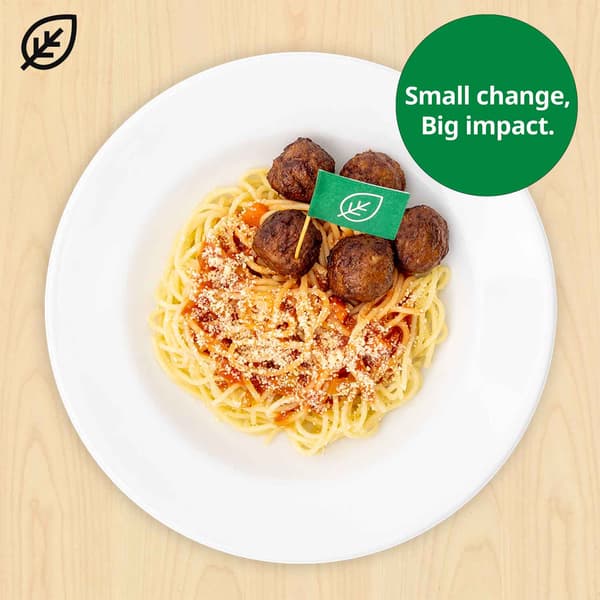 Plant balls with organic spaghettiPlant food symbol at top left corner of thumbnail and sustainability message 