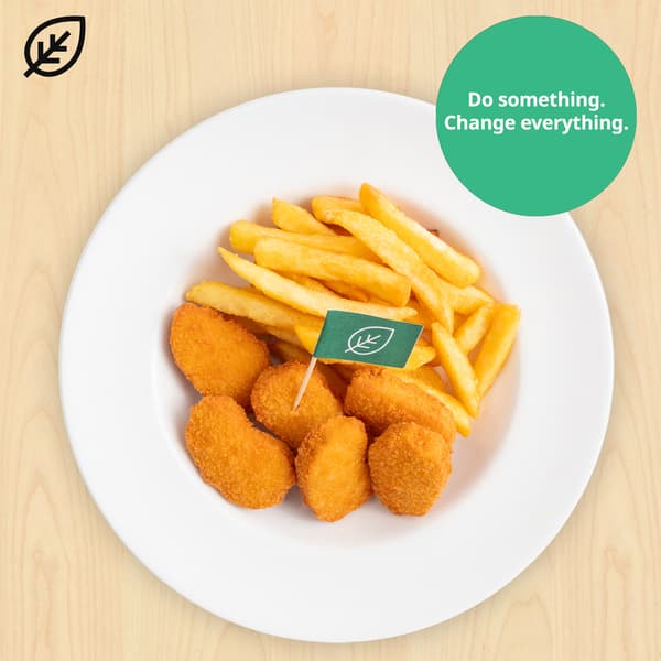 Plant-based pieces with fries, with plant food symbols at top left corner. A green sustainable tag is on the top right hand corner of the dish that reads 