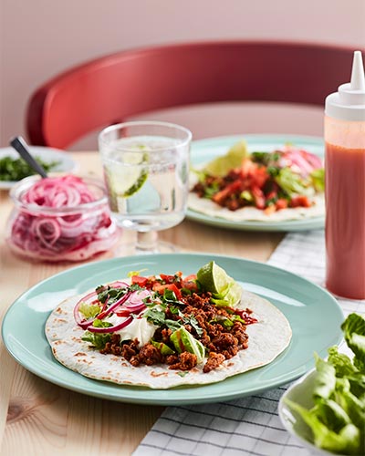 Plant-based tacos with pickled onions, pico de gallo & guacamole
