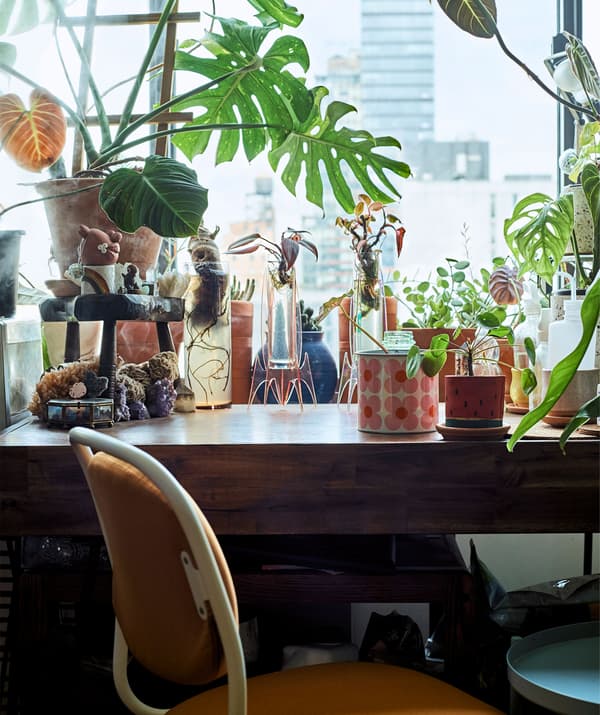 Plant pots and vases on a wooden desk with an orange swivel desk chair.