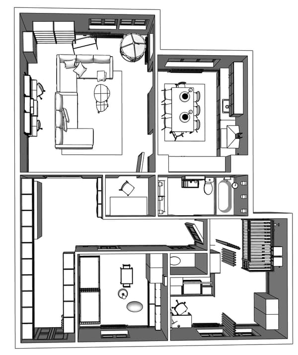Planta de um apartamento modelo com dois quartos.