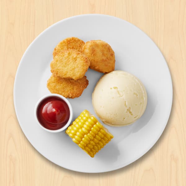 Plantebaserede nuggets 
med kartoffelmos, majskolbe og ketchup

20.-