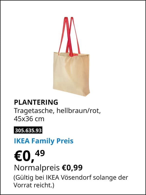PLANTERING Tragetasche, hellbraun/rot, 45x36 cm  statt € 0,99 zum IKEA Family Preis von € 0,49