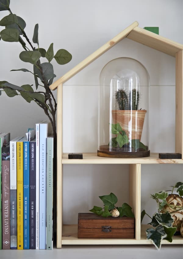 Plantes exposées dans une maison de poupées faisant office d’étagère murale.