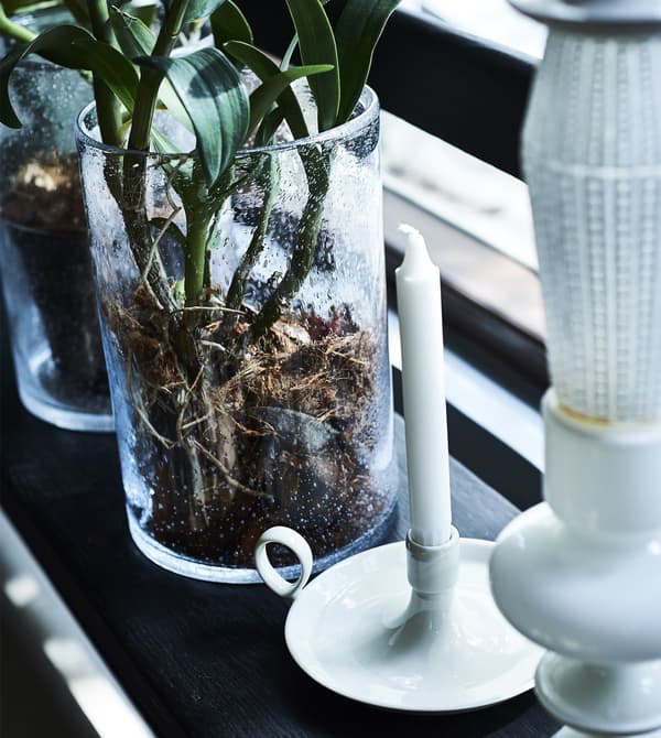 Plants and candles on a windowsill.