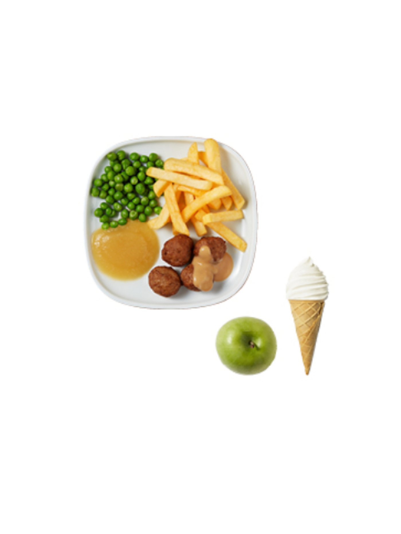 Plateau avec frites, boulettes, petits pois et sauce, accompagné d’une pomme verte et d’une glace en cornet.