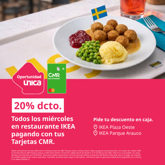 Plato de albóndigas suecas de IKEA con 20% de descuento todos los míercoles en tiendas IKEA pagando con la CMR.