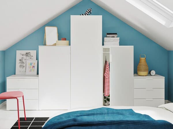 PLATSA cabinets of different heights for storage.