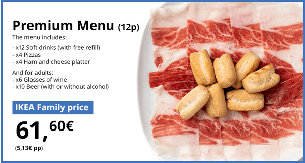 Platter with thinly sliced ham and breadsticks, alongside the description of the Premium Menu for 12 people from IKEA Family.