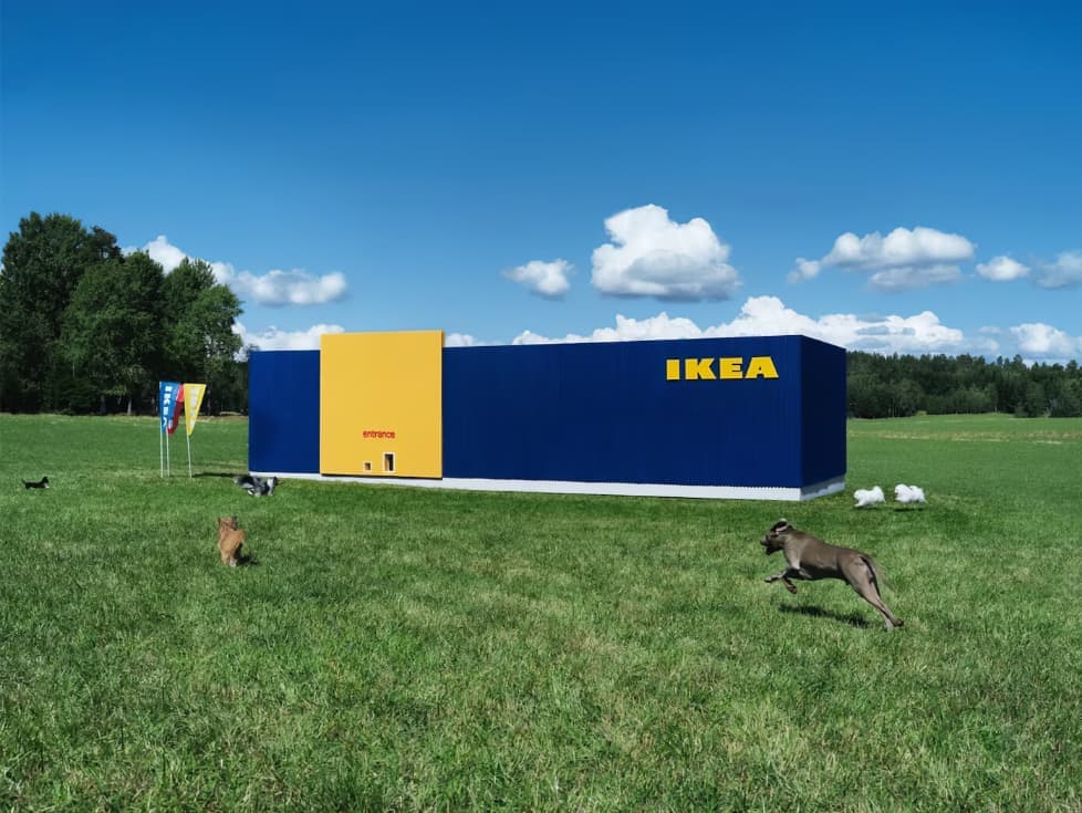 Plavo-žuta IKEA kutija stoji na zelenoj livadi pod vedrim nebom, oko nje trče psi.