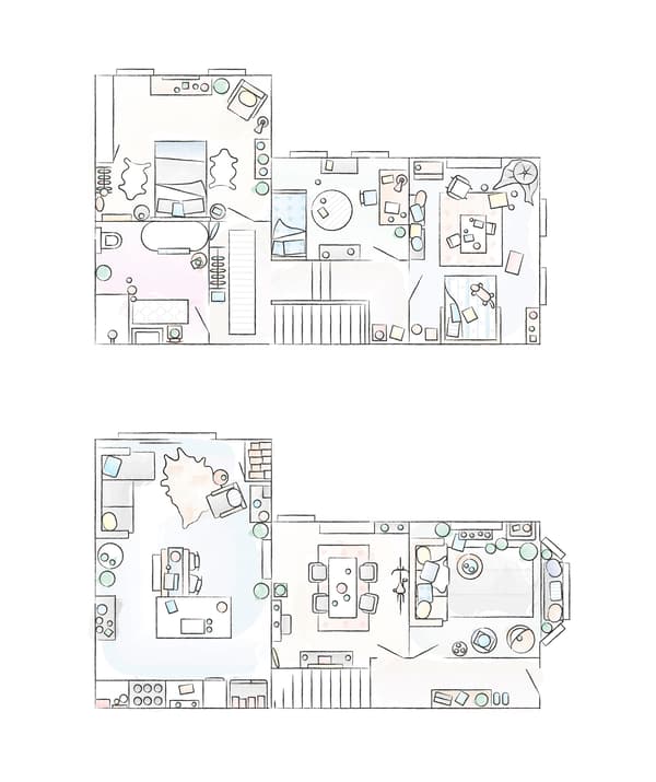 Pôdorys Kattyinho domova v zrenovovanom viktoriánskom dome.