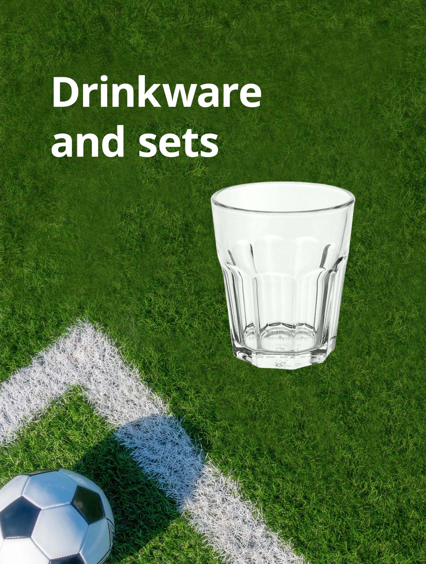 POKAL drinking glass on a football pitch background. White text reads: Drinkware and sets