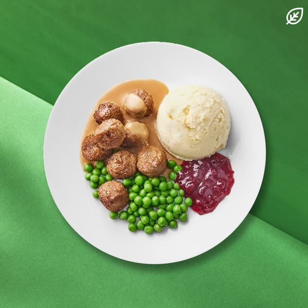 Polpette VegeTali e quali 8 pz con puré di patate o patatine fritte, piselli, salsa e confettura di mirtilli rossi
