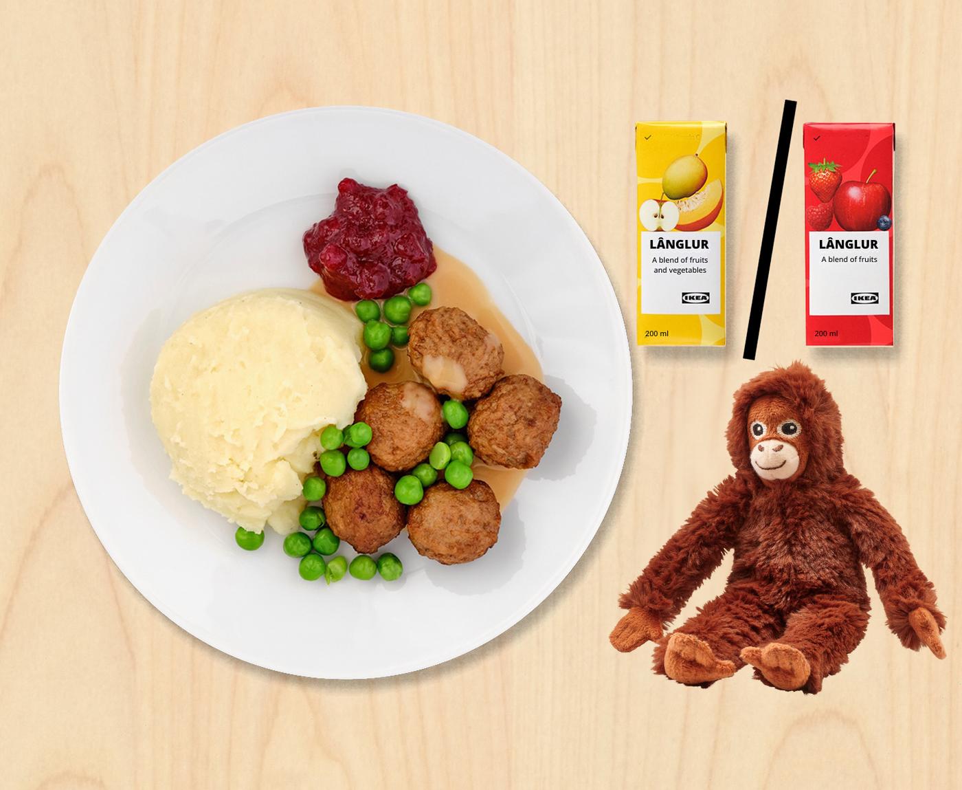 porce pěti kuliček s bramborovou kaší, ovocné smoothie a navíc nová plyšová hračka jako dárek