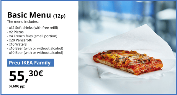 Porció de pizza calenta amb formatge fos sobre paper blanc, al costat de la descripció del Menú Bàsic per a 12 persones d’IKEA Family.