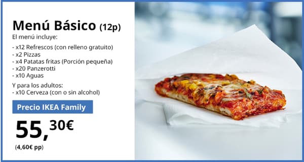 Porción de pizza caliente con queso fundido sobre papel blanco, junto a la descripción del Menú Básico para 12 personas de IKEA Family.