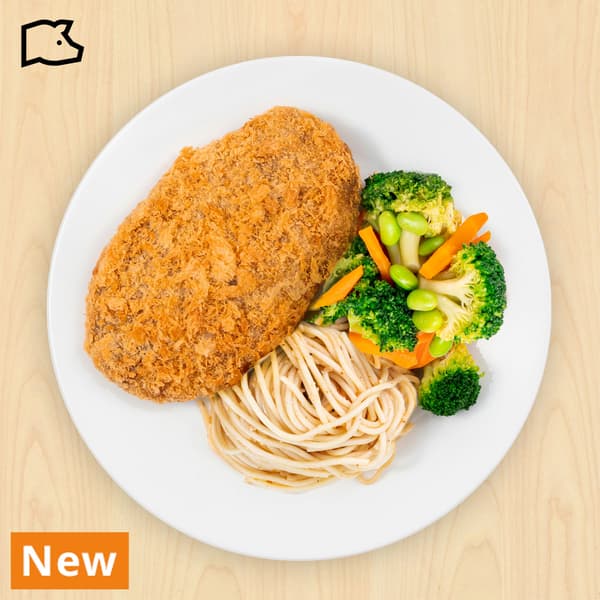 Pork cutlet with organic aglio olio, with pork food symbols at top left corner. 